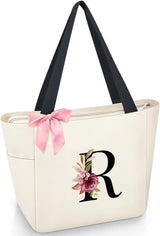 Vavabox A-Z Initial Personalized Tote Bag,Waterproof Gifts for Women, Bridesmaids,Mom,Teachers,Friends (A, Black).