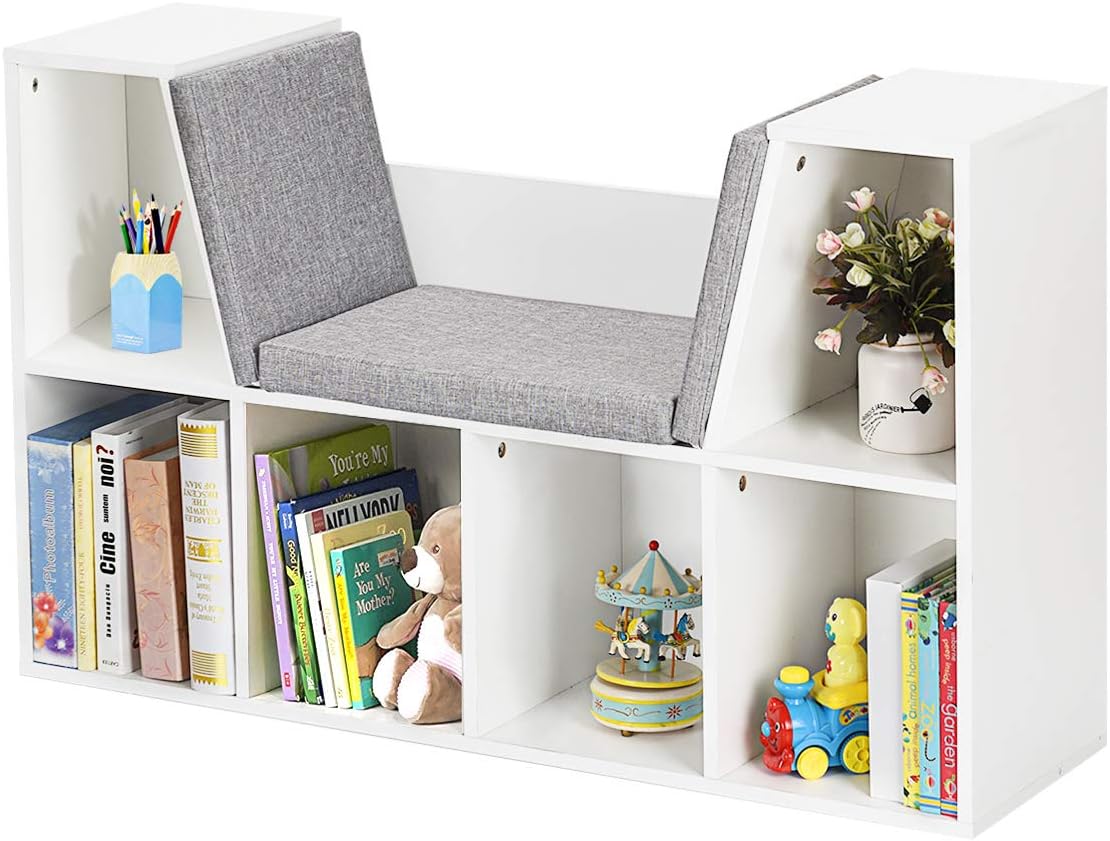 GYMAX Kids Storage Shelf, 6-Cubby Children Bookcase with Seat Cushion, Wooden Toy Organizer Cabinet for Playroom Bedroom (White).