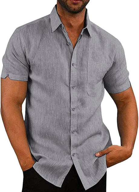 Glacspyg Linen Shirt Men's Short Sleeve Linen Shirt Work Casual Shirt Fit Business Casual Holiday Summer Beach Shirt.