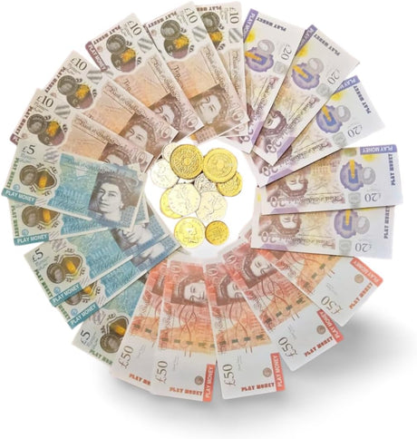 JKG® Pound Sterling Pretend Play Money Notes and Coins for Children | Fake Money UK Currency Toy Banknotes | Kids Role Play Shop Till Bank Cash, Post Office Set - School Role Play Teach Money Numeracy.