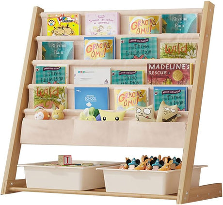 Taotigzu Kids Bookcase 4 Tier Children’s Bookshelf Bamboo Kids Sling Storage Organizer,Books Storage Rack with Pocket for Toddlers Bedroom Playroom.