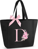 Vavabox A-Z Initial Personalized Tote Bag,Waterproof Gifts for Women, Bridesmaids,Mom,Teachers,Friends (A, Black).