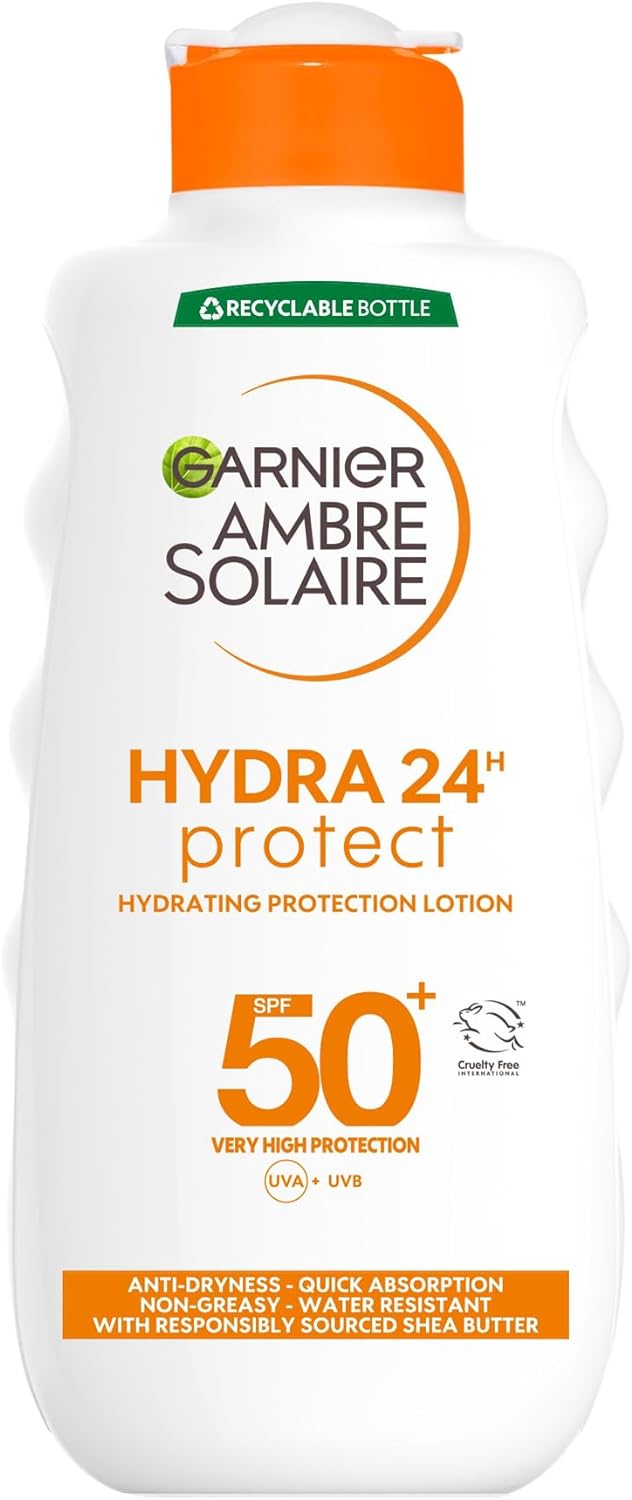 Garnier Ambre Solaire Hydra 24 Hour Protect Lotion, Water Resistant Sunscreen, With Shea Butter, Uva And Uvb Protection, Unscented, Sun Protection Factor 50, 200 Ml, Pack Of 1.