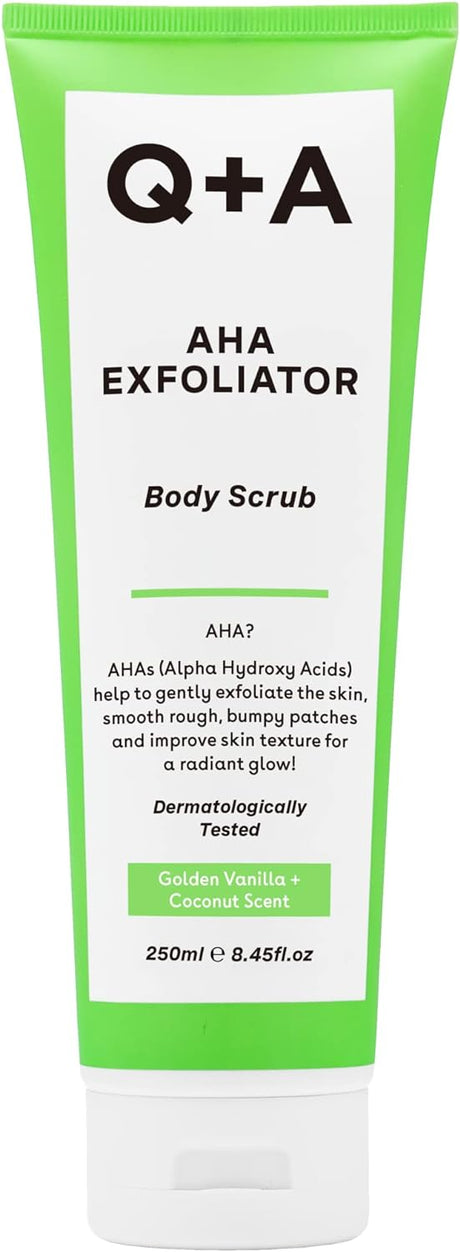 Q+A AHA Exfoliator Body Scrub, Enhanced Body Care with Lactic & Glycolic Acids, Natural Exfoliants to Deeply Refine Skin Texture, Promoting Soft, Supple, and Radiantly Smooth Skin, 250ml.