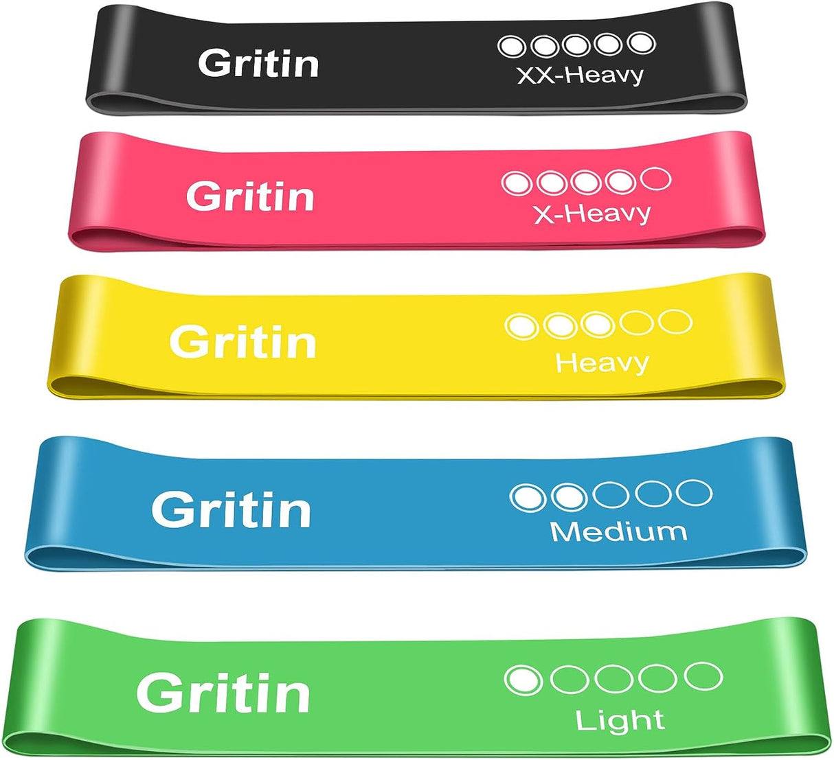 Gritin Resistance Bands, [Set of 5] Skin-Friendly Resistance Fitness Exercise Loop Bands with 5 Different Resistance Levels - Carrying Case Included - Ideal for Home, Gym, Yoga, Training.