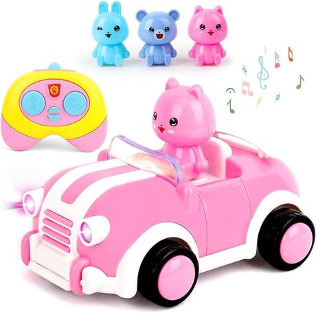 Remote Control Car Toy Cartoon Radio Remote Control RC Car with Music,Lights and Animal for Toddlers Kids Boys Girls Babies Toddlers（Pink）.