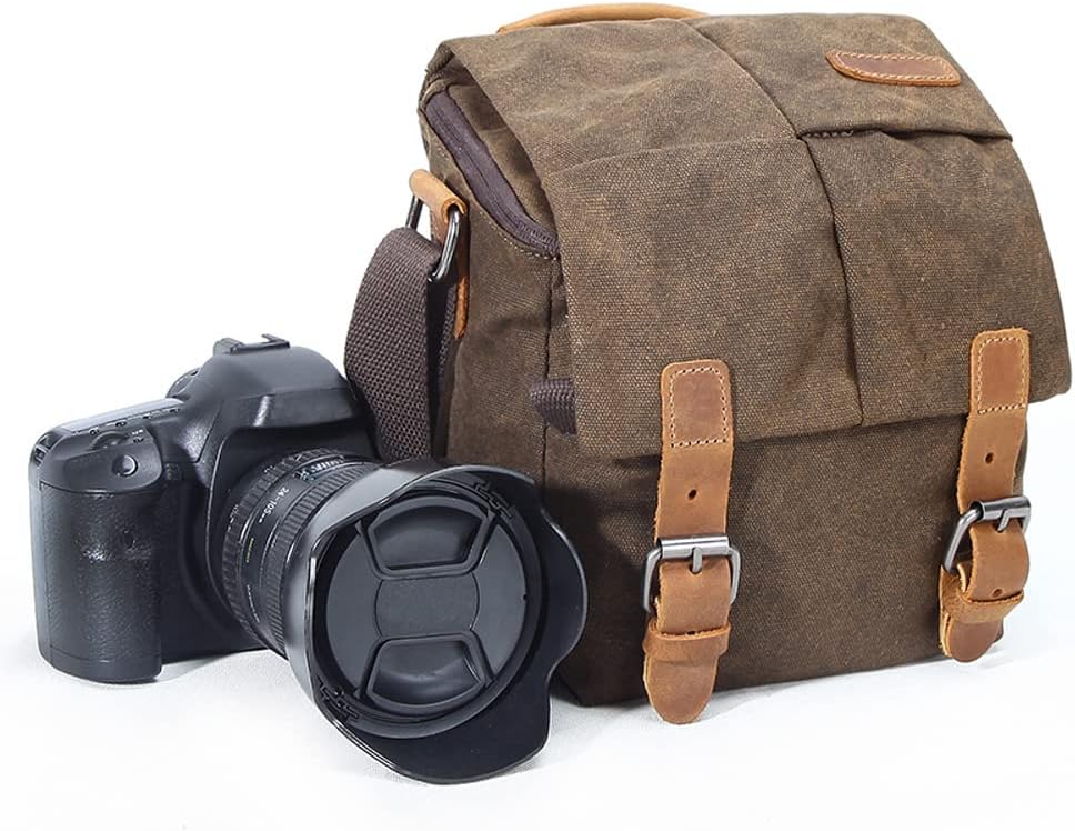 YUHAN Camera Bag, Vintage Canvas Camera Shoulder Bag Waterproof Leather Trim DSLR SLR Shockproof Camera Messenger Bag Brown.