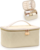 Prite Large Makeup Bag for Women Travel Cosmetic Case Waterproof PU Leather Toiletry Bag Portable Make Up Organiser with Handle and Removable Divider (Beige).