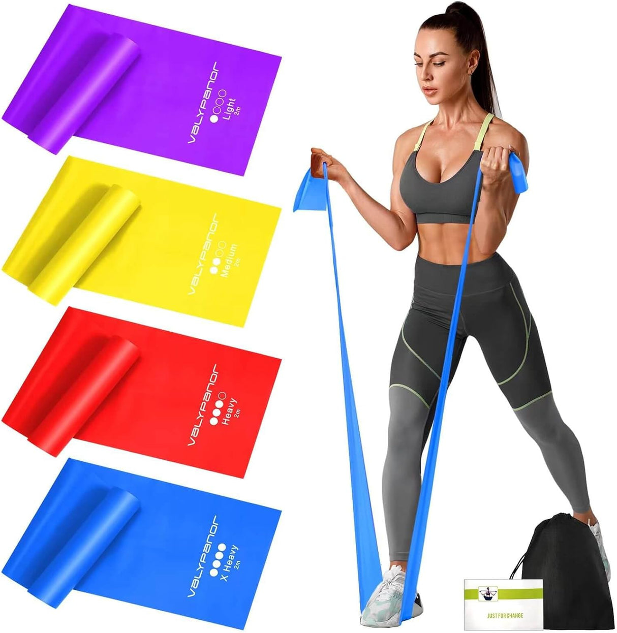 VALYPANOR Resistance Bands 2 m Fitness Bands Set of 4 Exercise Bands with 4 Resistance Levels for Yoga, Pilates, Crossfit, Muscle Building, Physiotherapy with Carry Bag & Exercise Instructions.