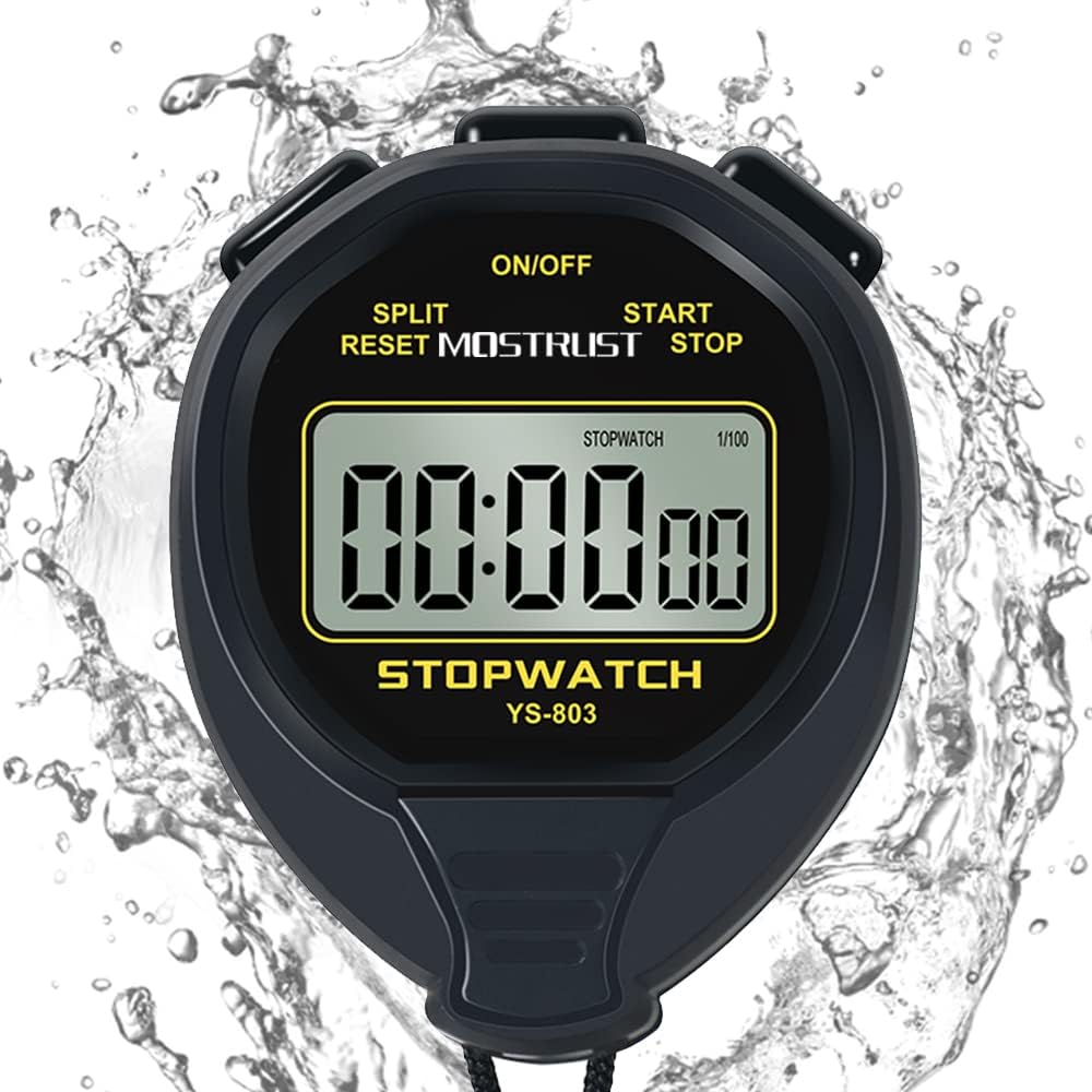 MOSTRUST Digital Waterproof Stopwatch, 30Laps Split Memory Stopwatch, No Bells, No Clock, Simple Basic Operation, Silent, ON/Off, Large Display for Swimming Running Training Coaches Referees (Yellow).