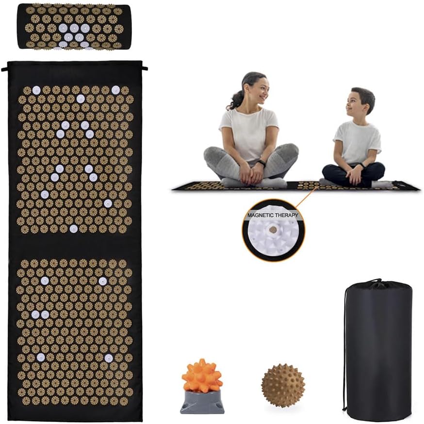 Loboo Idea XL Acupressure Mat and Pillow Set, Extra Long Yoga Acupressure Mat Set for Neck and Back Pain Relief, Stress Relief Gifts for Man and women (Gold, Extra Large).