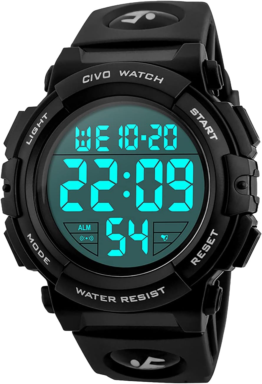 CIVO Wrist Watches Digital Mens Waterproof Black Sport Watch for Men Military Alarm Timer Date Stopwatch.