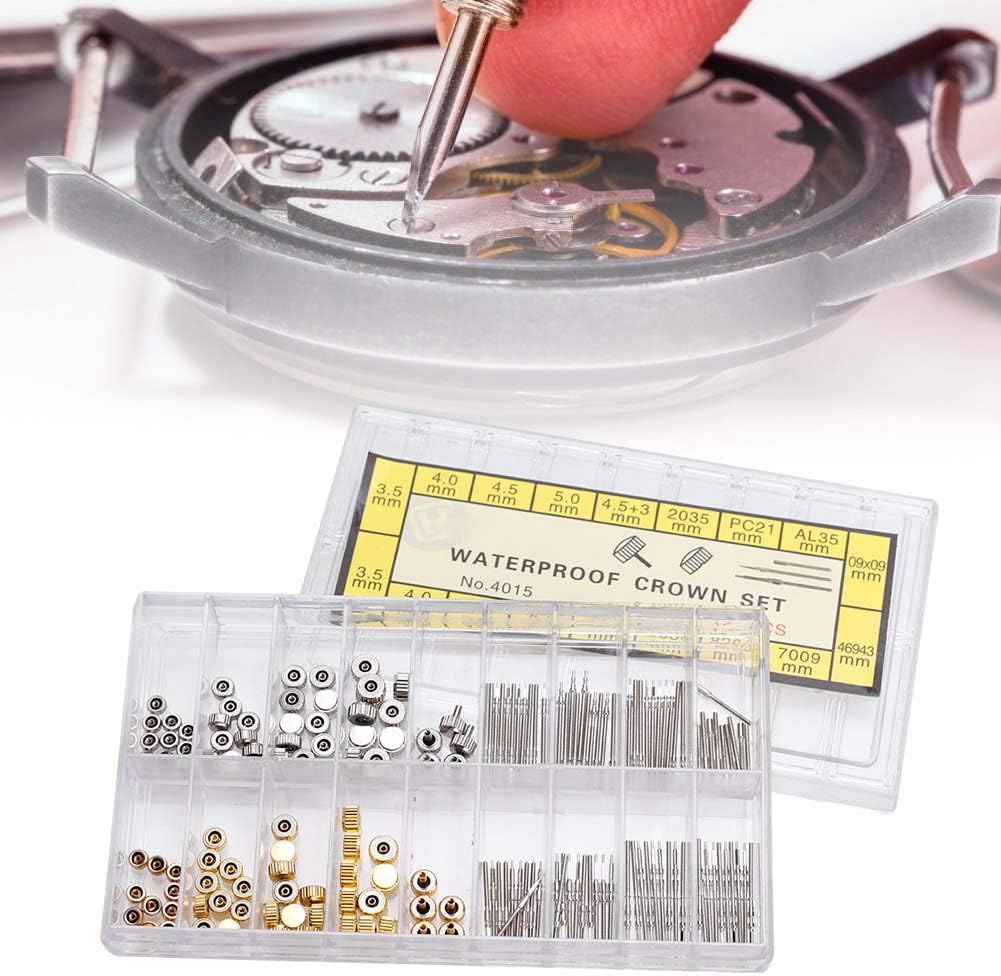 Watch Stems and Crowns Stainless Steel Watch Crown Spring Bar Set Watch Repairing Tool Accessory Varying Sizes of Crown and Spring Bar, for Watch Makers and Repairing Workers.