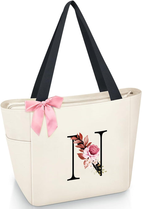 Vavabox A-Z Initial Personalized Tote Bag,Waterproof Gifts for Women, Bridesmaids,Mom,Teachers,Friends (A, Black).