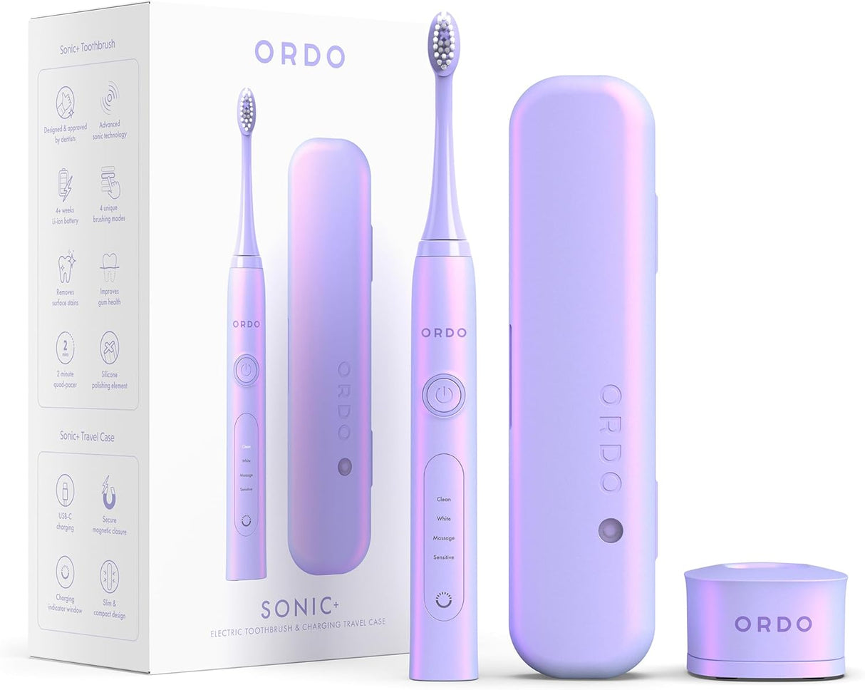 Ordo Sonic+ & Charging Travel Case Bundle - Electric Toothbrush Advanced Smart Tech with 4 Brushing Modes Fast Rechargeable Battery & Silicone-Polishing Element USB Charger for Adults - Pearl Violet.