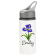 Personalised name Water bottle kids School Sport Drink Leakproof Water bottle stainless steel with straw & Screw February violet and iris print.