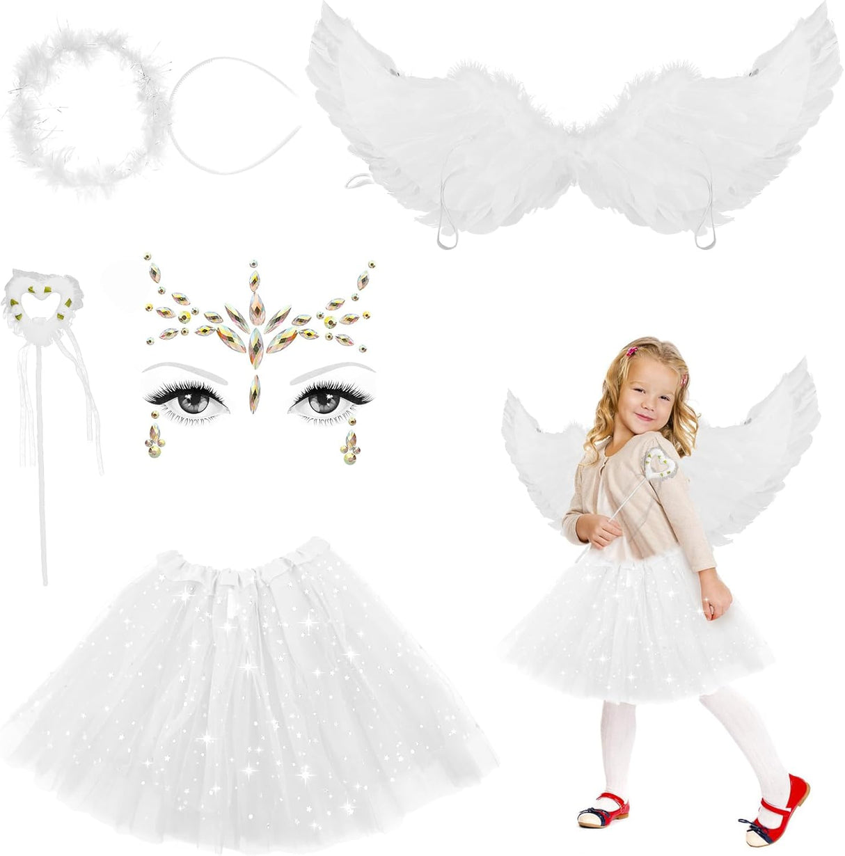 Luchild Angel Wings and Halo for Kids 5pcs Fancy Dress Up Dress +Angel Halo Hair Headband+Magic Wand + Feather Wing Outfits for Halloween Carnival Cosplay Christmas（3-8 years）.