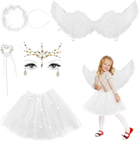 Luchild Angel Wings and Halo for Kids 5pcs Fancy Dress Up Dress +Angel Halo Hair Headband+Magic Wand + Feather Wing Outfits for Halloween Carnival Cosplay Christmas（3-8 years）.