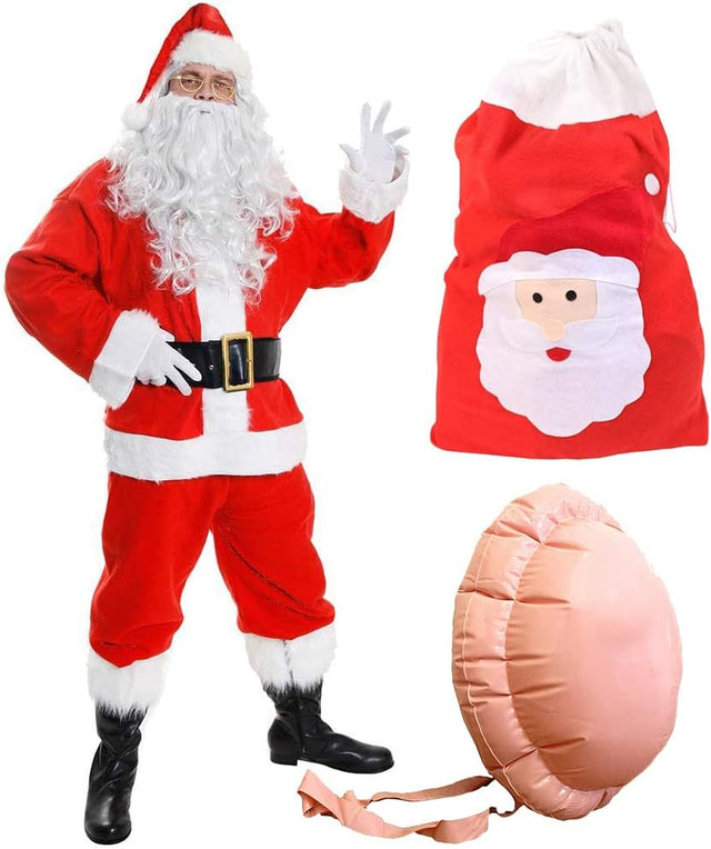 Mens Santa Costume - Deluxe Father Christmas Suit Fancy Dress Costume - 12 Piece Velour Quality - Red Santa Jacket & Trousers plus Accessories - Santa Claus St Nick Plush X-Mas Outfit.