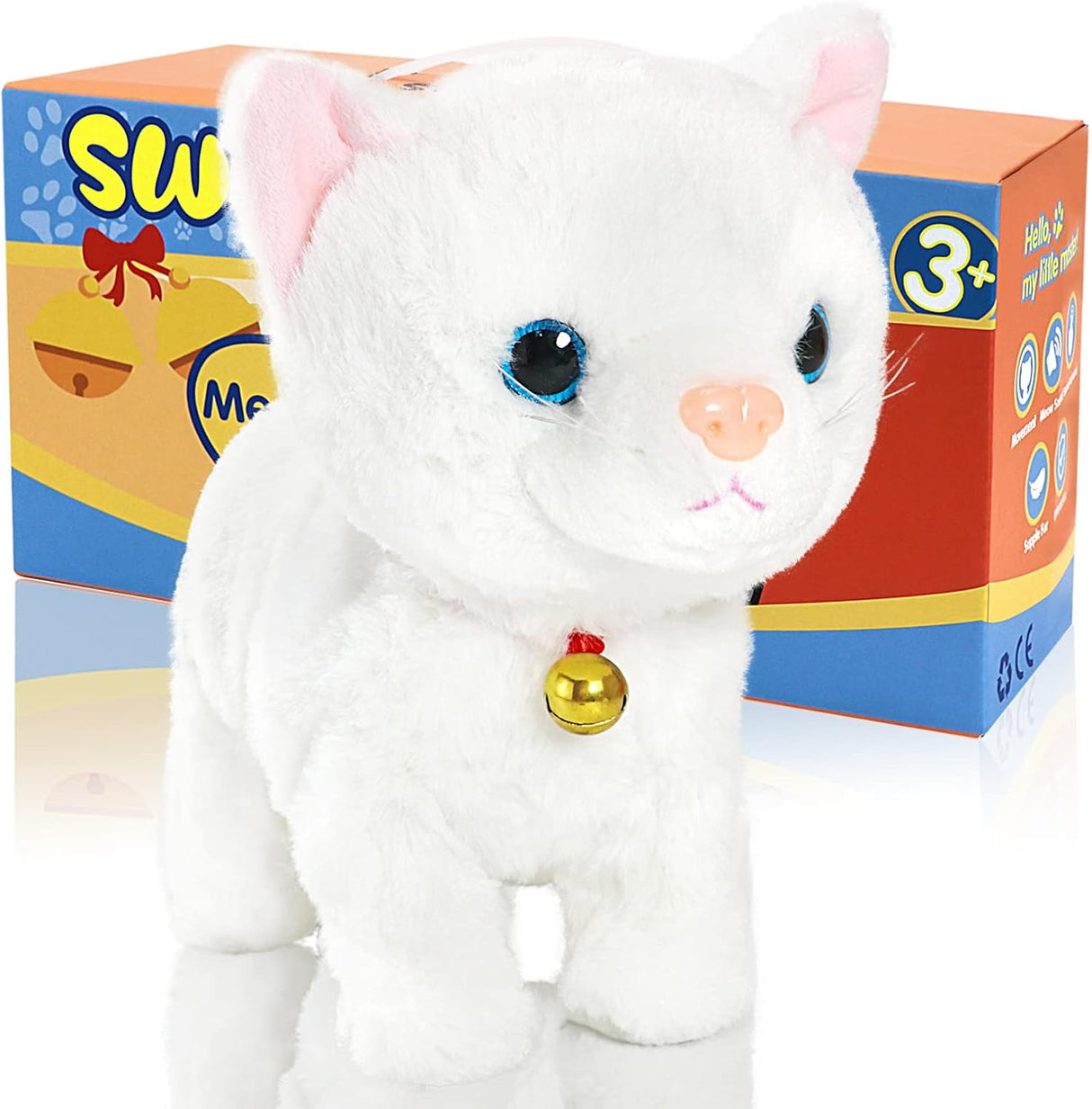 SWTOIPIG Interactive Plush Cat Toys for Kids, Reliable Robotic Electronic Cats Sound and Touch Control, Realistic Soft Plush Toy Cat That Walks and Meow Box, Kitty Toys Gift White.