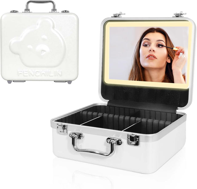 FENCHILIN Large Vanity Case with LED Makeup Mirror Makeup Box Large Capacity Makeup Case Cosmetics Organizer Waterproof Beauty Case with Dividers Compartments White.