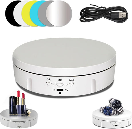 Motorized Rotating Display Stand, 360 Degree Turntable Display Stand with 6 Color Background Boards for Photography Products Shows, Toys, Jewelry, Battery/USB Power Supply 14.6cm/22LB Load (White).