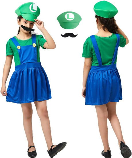 IDOTTA Halloween Plumber Costume Outfits for Kids Adult Unisex Cosplay Fancy Dress up with Bros Hats Cap Mustaches Halloween Cosplay Carnival.