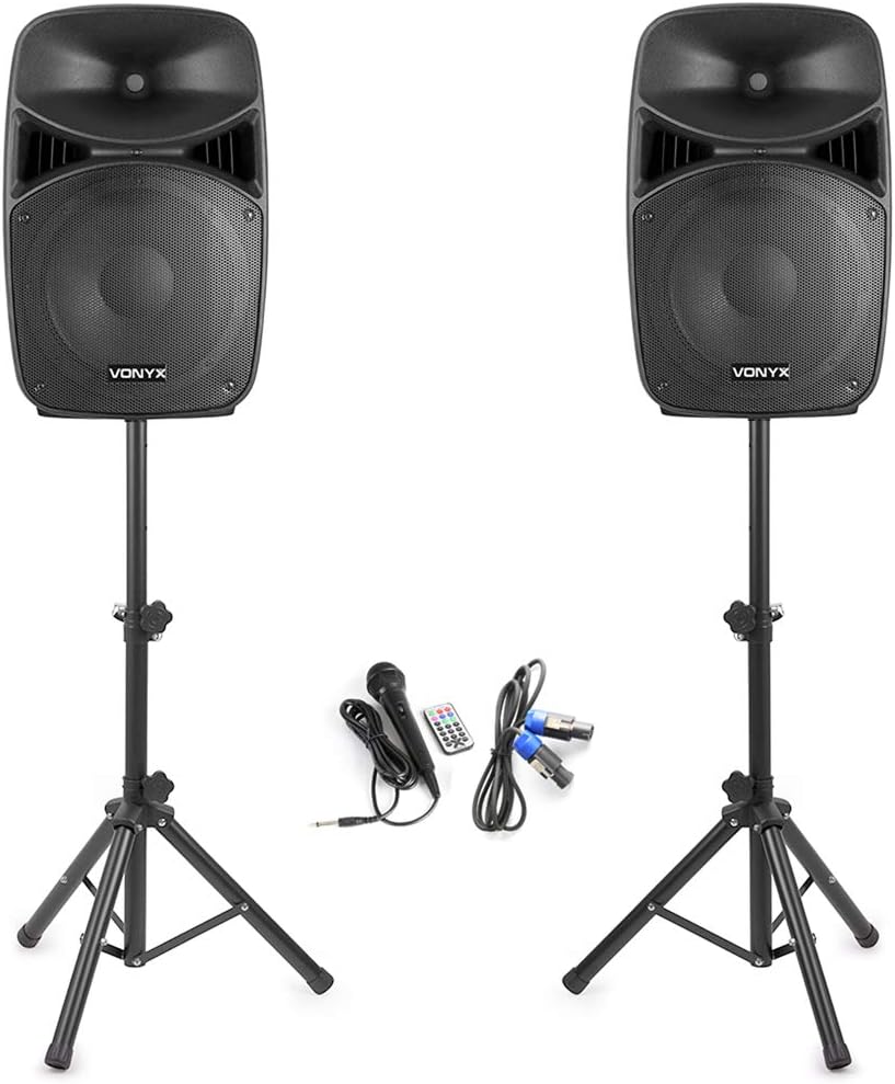 VONYX VPS152A 15-Inch Active Party Speaker System with Stands - Ultimate DJ Speakers Pair for Disco, PA System, Active Speakers for Parties, High-Power DJ Equipment, Active Speakers.