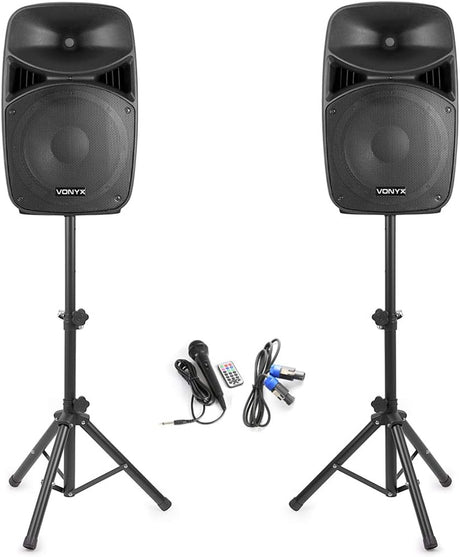 VONYX VPS152A 15-Inch Active Party Speaker System with Stands - Ultimate DJ Speakers Pair for Disco, PA System, Active Speakers for Parties, High-Power DJ Equipment, Active Speakers.