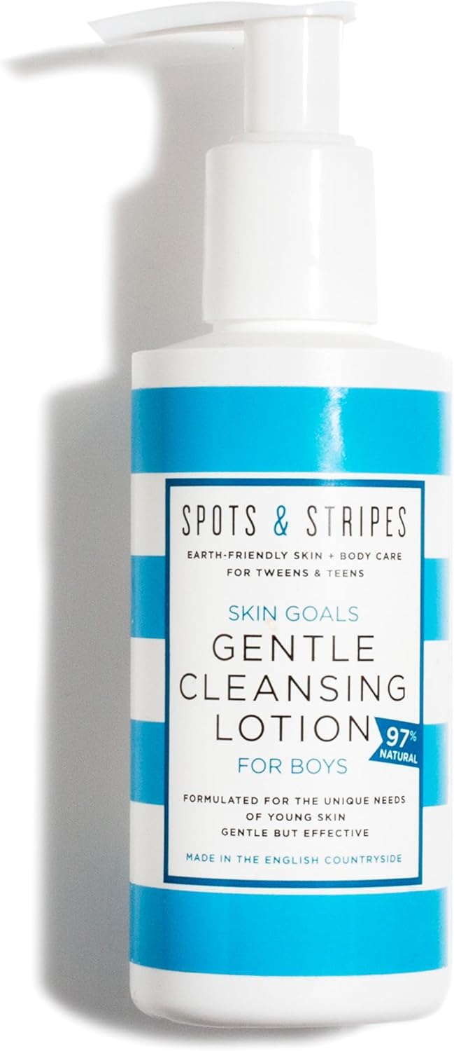 Spots & Stripes - Skin Goals Gentle Cleansing Lotion for Boys, the Perfect Starter Face Wash for Teen and Young Skin with Virgin Coconut, Kukui and Chamomile, Super-Gentle, Combats Blemishes (150ml).