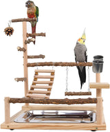 WishesMar Bird Playground Parrot Play Stand with Feeder Cup Swing Climb Ladder and Tray Budgie Playground Cage Exercise Gym Toys for Parakeets Cockatiel, Wooden, Size About 17.7x14.6x10.2 In #A.