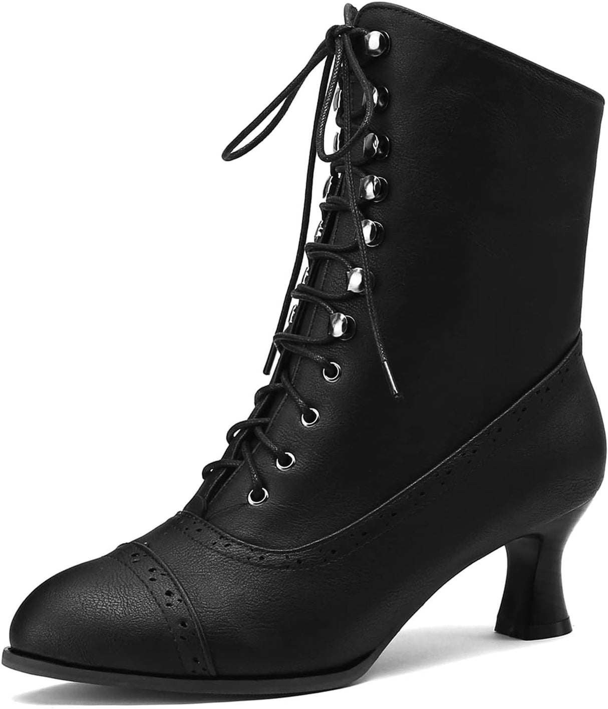 HavueGatue Lace Up Ankle Boots for Women Block Heel Victorian Boots Pointed Toe Booties Side Zipper.