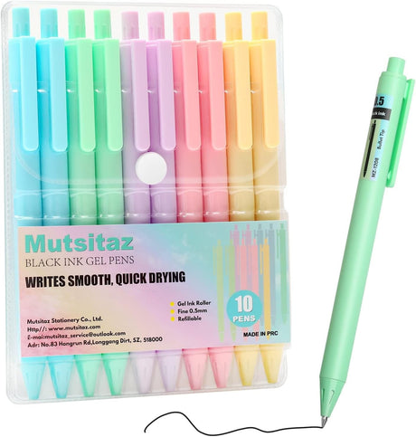 Mutsitaz 10 Pcs Retractable Gel Ink Pens 0.5mm Black Ink, Smooth Writing Cute Pens, Pastel Gel Pens for School Office Gift Supplies.