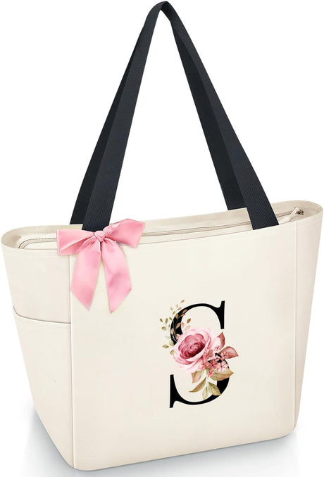 Vavabox A-Z Initial Personalized Tote Bag,Waterproof Gifts for Women, Bridesmaids,Mom,Teachers,Friends (A, Black).