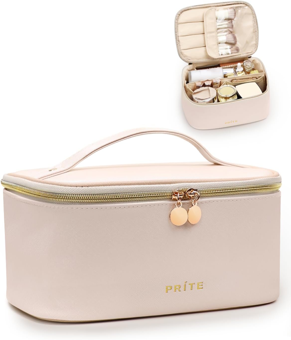 Prite Large Makeup Bag for Women Travel Cosmetic Case Waterproof PU Leather Toiletry Bag Portable Make Up Organiser with Handle and Removable Divider (Beige).