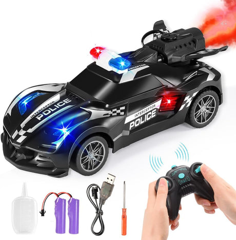 Gralal Remote Control Cars, Spray Rc Car With Led Lights Toys for 3 4 5 6 7 8 Year Olds Boys Toy Cars Boys Toys age 3-8 Kids Toys Police Car Toy Gifts for 4-10 Year Olds Boys Outdoor Garden Toys.