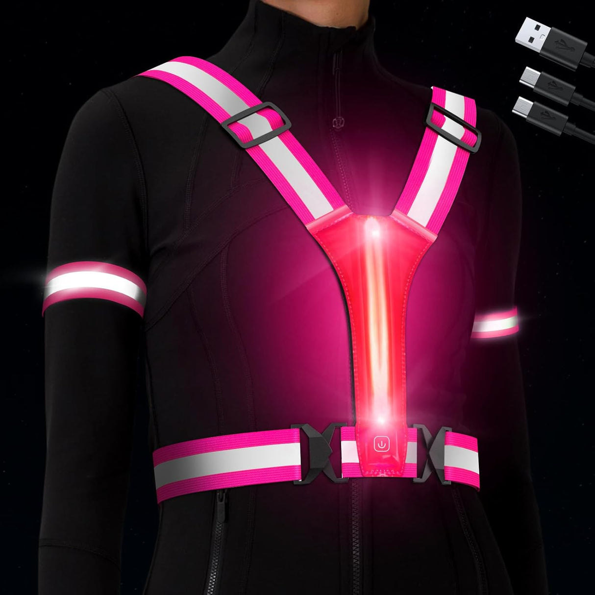 ocuvaep LED Reflective Vest Running Gear, USB Rechargeable Running Vest with Light, Adjustable LED Light Up Running Vest, High Visibility Running Vest with 2 Armbands for Walking Running Cycling.