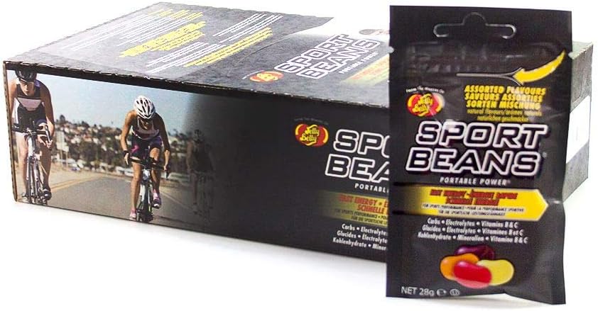 Jelly Belly - Sports Beans, Assorted Mix Flavour, Orange, Lemon-Lime, Fruit Punch and Raspberry, Contains added Vitamins B and C, Provides 25g Carbohydrate and 120mg Electrolytes, 24 x 28g Bags.