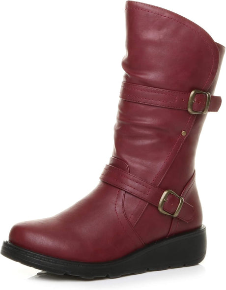 AJVANI Womens Ladies Low Wedge Lightweight Heel Ruched Buckle Winter Comfort Calf Boots Size.