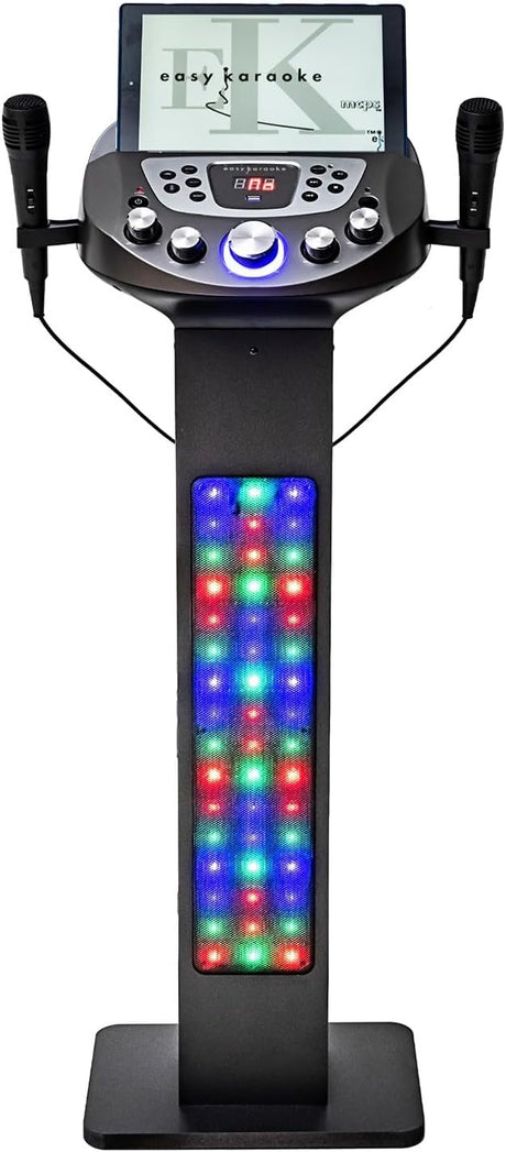 Easy Karaoke EKS828-BT Bluetooth Pedestal Karaoke System with Built-in-speakers, 90W Peak music Power Output, LED Lights, Disco Ball and 2 microphones.