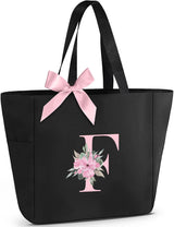 Vavabox A-Z Initial Personalized Tote Bag,Waterproof Gifts for Women, Bridesmaids,Mom,Teachers,Friends (A, Black).