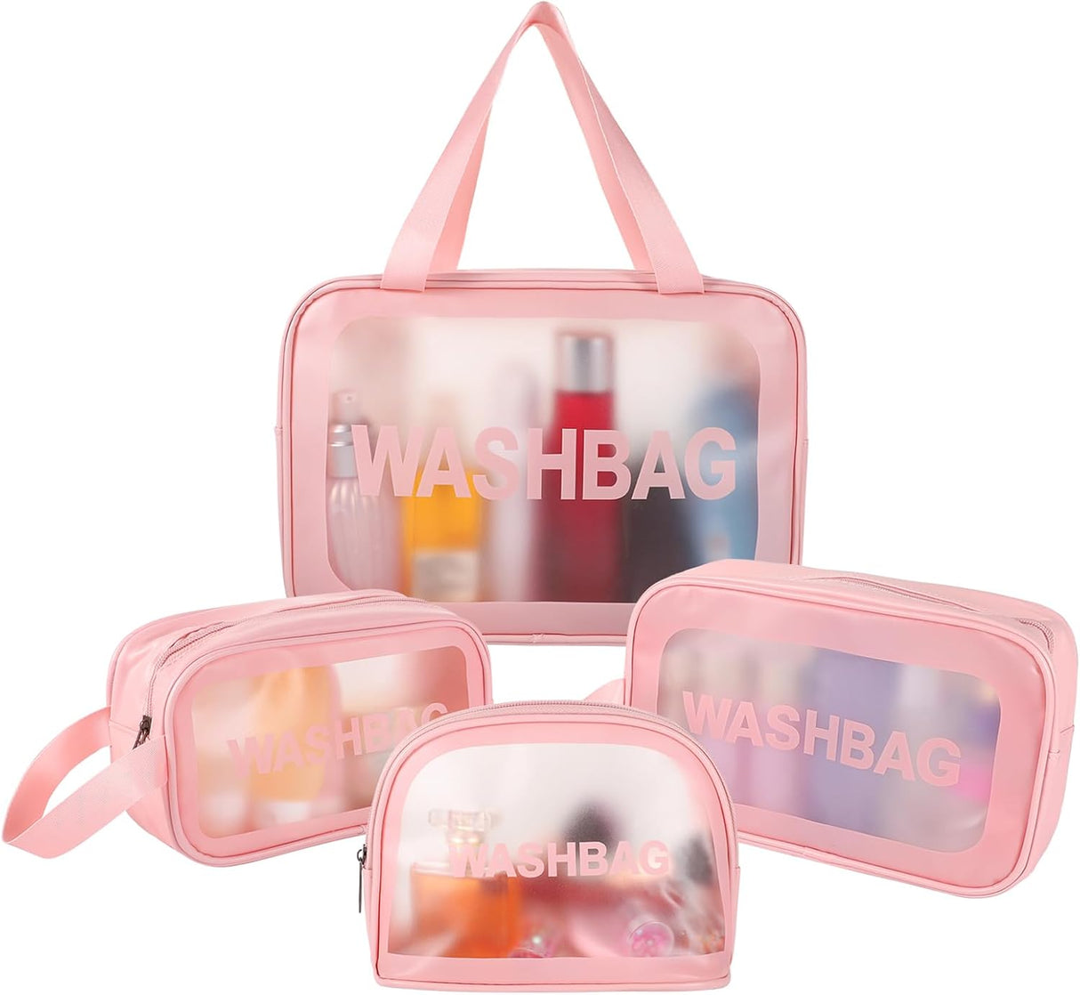 4 Pcs Clear Toiletry Bag, Waterproof Clear Plastic Cosmetic Makeup Bags Transparent Travel Wash Bag for Women and Girls (Pink).