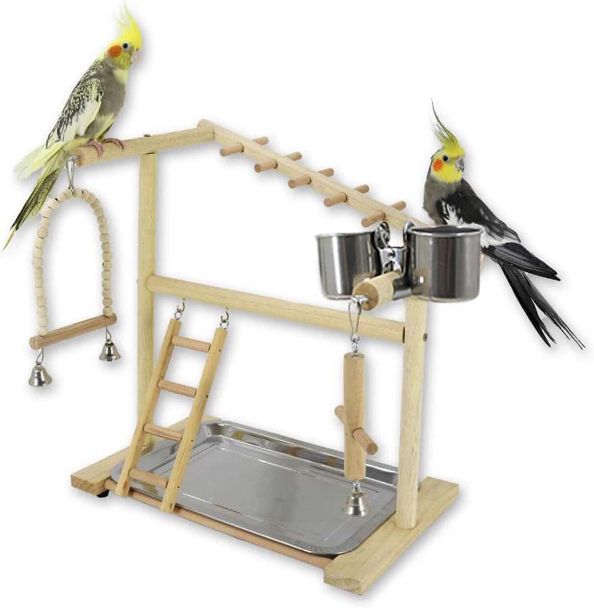 WishesMar Bird Playground Parrot Play Stand with Feeder Cup Swing Climb Ladder and Tray Budgie Playground Cage Exercise Gym Toys for Parakeets Cockatiel, Wooden, Size About 17.7x14.6x10.2 In #A.