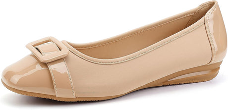 Greatonu Womens Buckle-Embellished Wedge Heel Casual Ballet Flats.