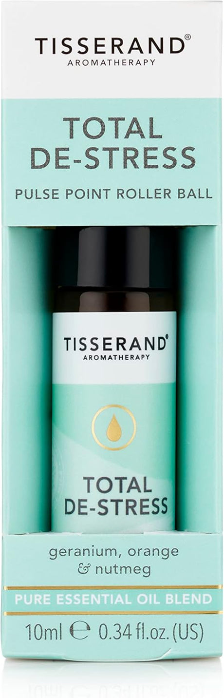 Tisserand Aromatherapy | Total De-Stress | Geranium Pulse Point Aromatherapy Rollerball With Nutmeg & Orange | 100% Pure Essential Oil Blend | 10ml.