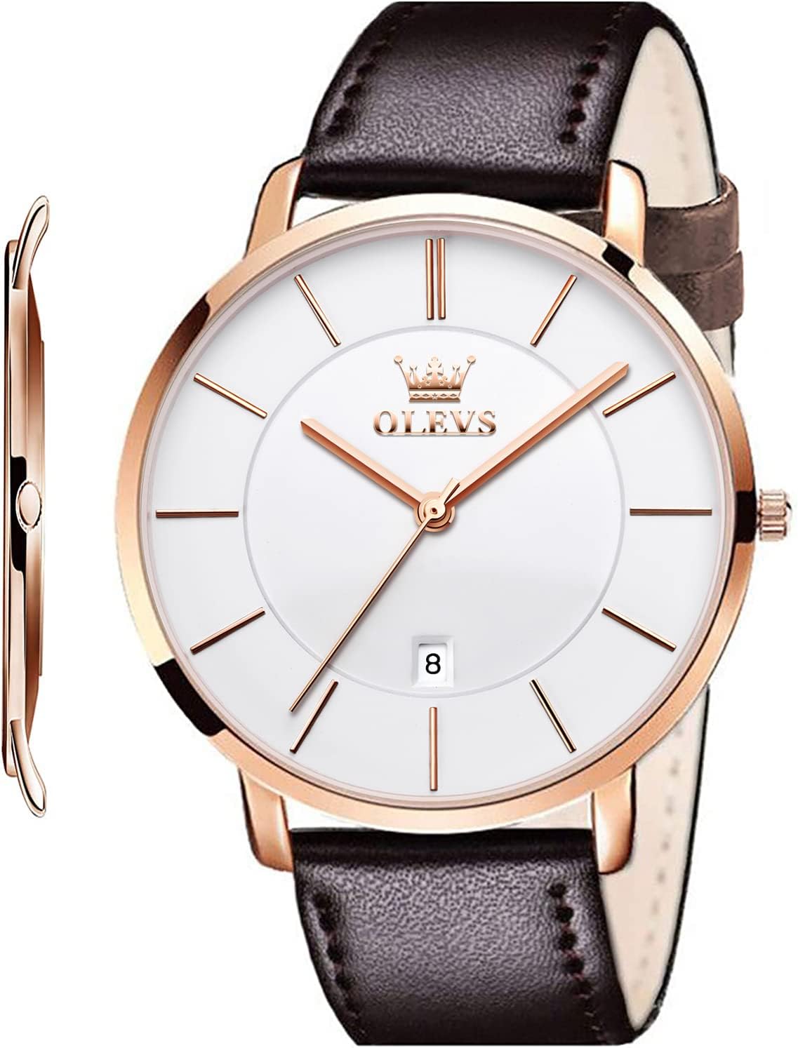 OLEVS Mens Wrist Watches Ultra Thin 6.5mm Minimalist Business Dress Waterproof & Date & Leather Strap Slim Watches for Men.