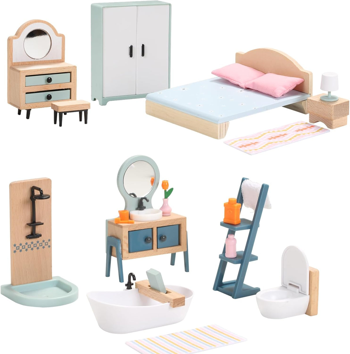 Dolls House Furniture, Wooden and Plastic Dollhouse Furniture Set, Bathroom and Bedroom Set, 24 PCS Dollhouse Accessories Pretend Play Furniture Toys for Boys Girls & Toddlers.