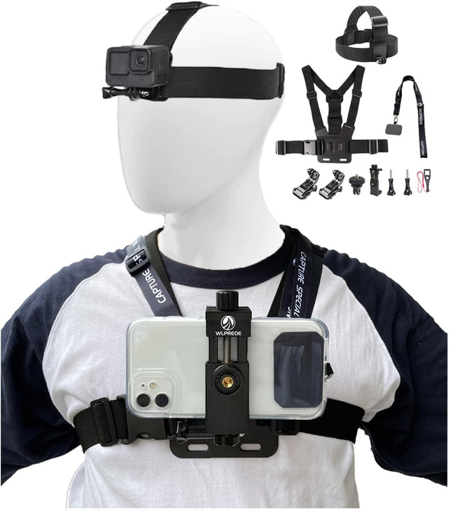 WLPREOE Phone Chest Mount Head Mount Kit, Phone Chest Harness Head Strap for Filming Video, POV/VLOG,Cell Phone Clip Compatible with iPhone 15 14 13 12 11 Pro Max Plus,Samsung and 4 to 7 inch Phone.