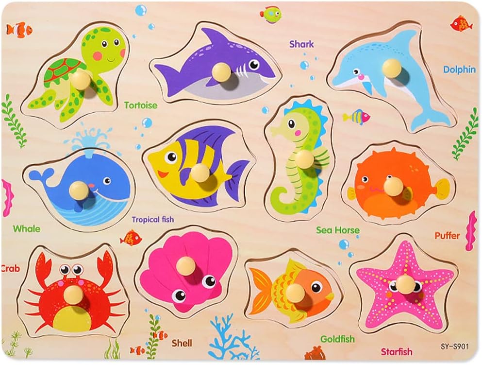 Wooden Puzzles for 3 Year Old-Wooden Toy Puzzle Montessori Preschool Toys for baby & Toddlers, Early Education Games-Animals Puzzles Wooden Toy 3+ Gift for Boy or Girl. (Marine animals).