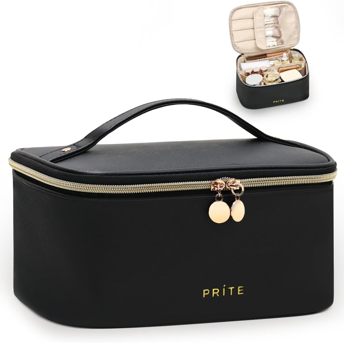 Prite Large Makeup Bag for Women Travel Cosmetic Case Waterproof PU Leather Toiletry Bag Portable Make Up Organiser with Handle and Removable Divider (Beige).